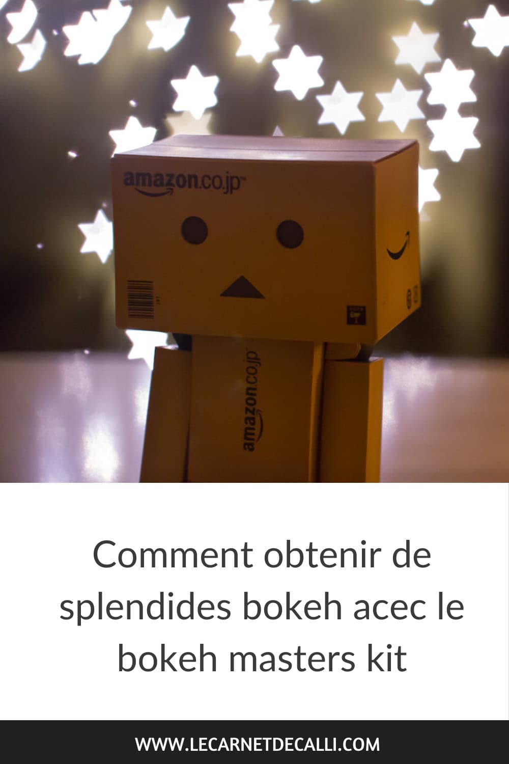 Épingle Pinterest : Comment faire de jolis bokeh en formes avec le Bokeh Masters Kit, photo de Danbo devant un arrière-plan en étoiles lumineuses.