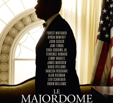 Affiche du film Le Majordome avec Forest Whitaker en premier plan, sur fond de drapeau américain.