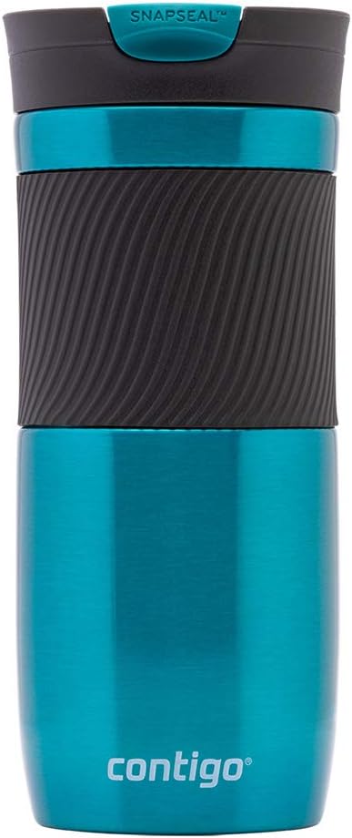 Mug isotherme bleu avec couvercle Snapseal noir.