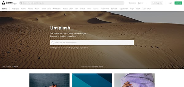 Capture d'écran du site Unsplash