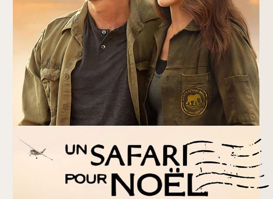 Affiche du film « Un safari pour Noël » avec Rob Lowe et Kristin Davis, en tenue de safari en Zambie devant un coucher de soleil.