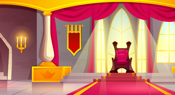 Salle du trône d’un château médiéval, baignée de lumière, avec un trône rouge au centre.