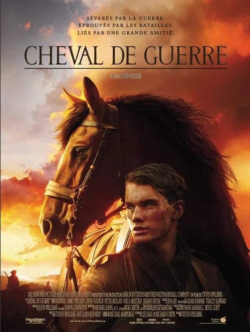 Affiche du film de guerre 'Cheval de Guerre' montrant un jeune homme et son cheval sur fond de paysage de bataille pendant la Première Guerre Mondiale.
