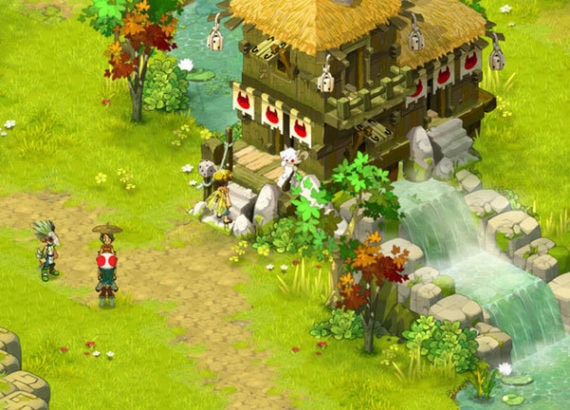 Village pittoresque dans Dofus avec rivière et maison traditionnelle, illustrant l'univers riche et coloré du MMORPG.