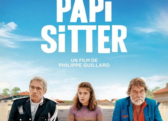 Affiche du film Papi-Sitter avec Gérard Lanvin, Olivier Marchal et Camille Aguilar sur un banc