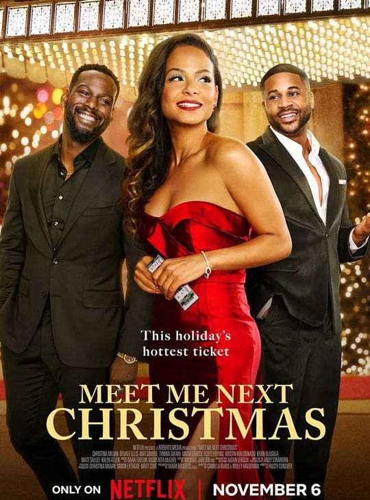 Affiche du film Meet Me Next Christmas avec Christina Milian en robe rouge et les deux autres acteurs principaux sur fond de décor festif