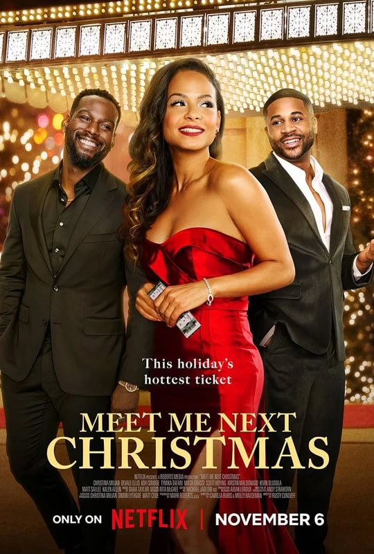 Affiche du film Meet Me Next Christmas avec Christina Milian en robe rouge et les deux autres acteurs principaux sur fond de décor festif