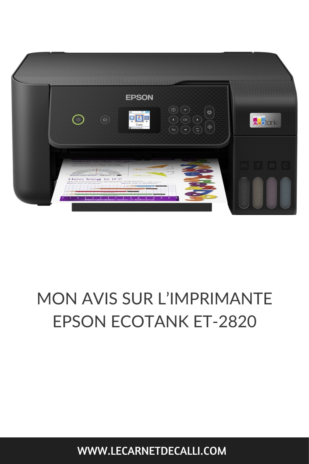 Image Pinterest montrant une imprimante Epson ET-2820 avec le titre "Mon avis sur l’imprimante Epson EcoTank ET-2820"