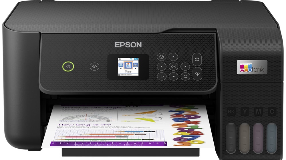 Imprimante Epson EcoTank ET-2820 en train d’imprimer une feuille couleur