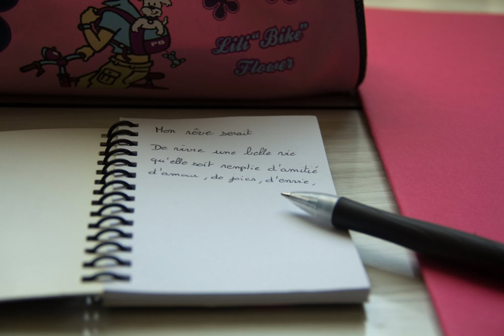 IMG_1624 Carnet ouvert avec un stylo et un texte manuscrit commençant par « Mon rêve serait », posé sur un bureau.