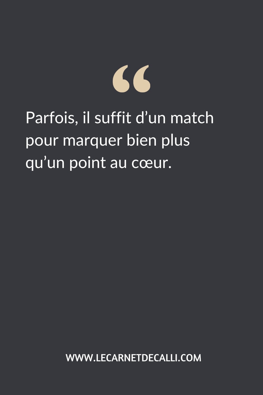 Citation inspirée du roman La courbe parfaite de Jaci Burton : Parfois, il suffit d’un match pour marquer bien plus qu’un point au cœur.