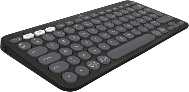 Clavier sans fil Logitech Pebble Keys 2 K380s en version AZERTY, coloris graphite, design compact et arrondi.