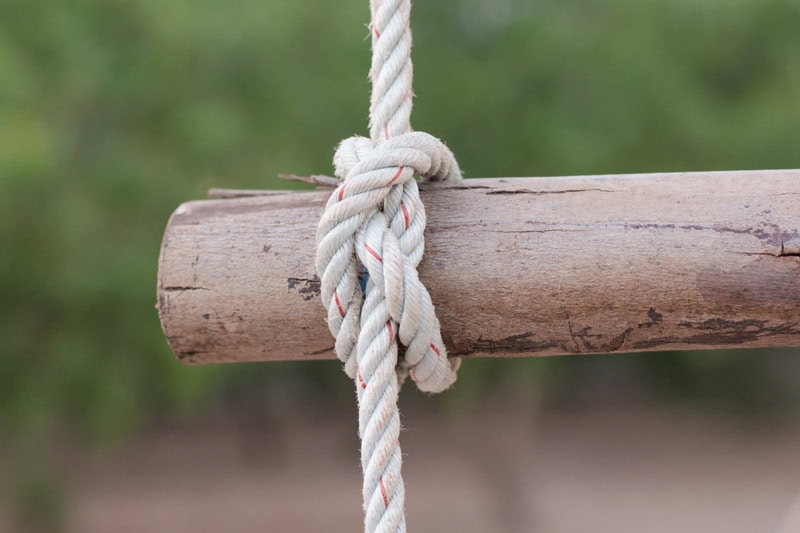 Corde attachée à une branche de bois avec un nœud solide, symbole d’aventure et de débrouillardise.