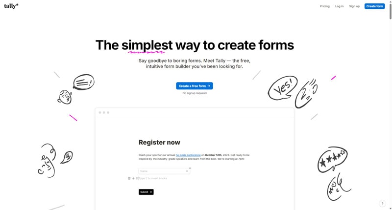 Page d’accueil du site Tally présentant la création de formulaires en ligne simples et intuitifs.