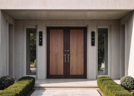porte d’entrée moderne en bois clair avec lumière naturelle, façade de maison