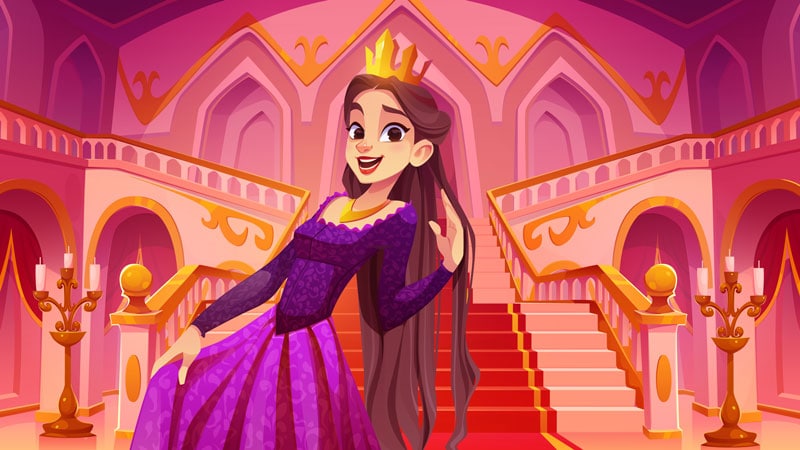 Illustration d’une jeune reine souriante dans un château rose, début d’une rêverie royale