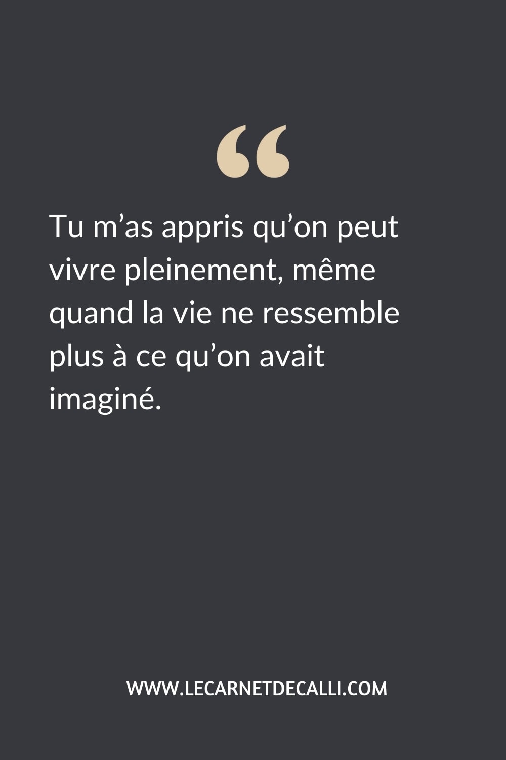 Citation inspirée du roman Avant toi de Jojo Moyes : « Tu m’as appris qu’on peut vivre pleinement, même quand la vie ne ressemble plus à ce qu’on avait imaginé. »