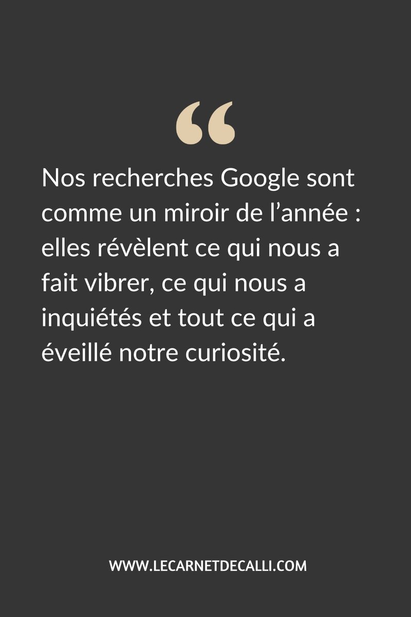 Épingle Pinterest à fond sombre affichant la citation « Nos recherches Google sont comme un miroir de l’année… » et l’adresse du blog lecarnetdecalli.com.