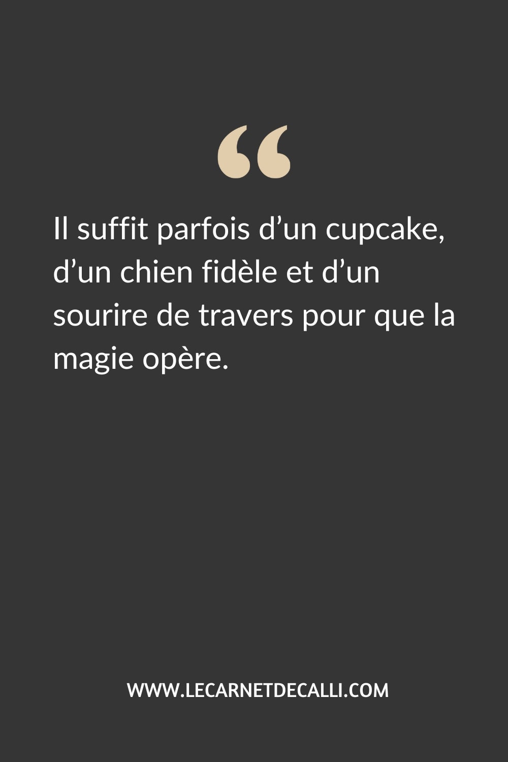 Citation inspirée de Petites douceurs : "Il suffit parfois d’un cupcake, d’un chien fidèle et d’un sourire de travers pour que la magie opère."
