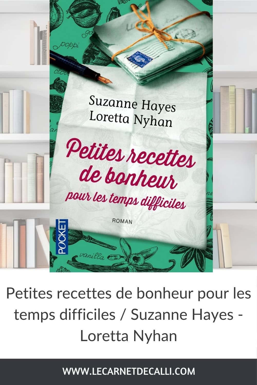 Couverture du roman Petites recettes de bonheur pour les temps difficiles de Suzanne Hayes et Loretta Nyhan, avec une illustration de lettres et d’objets évoquant l’amitié‑épistolaire pendant la Seconde Guerre mondiale.