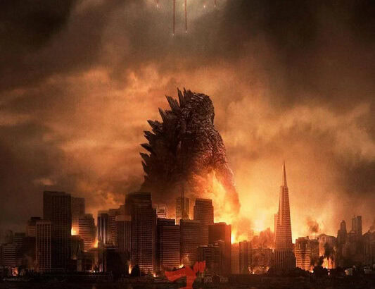 Affiche officielle du film Godzilla (2014) montrant le monstre géant dominant une ville en flammes.
