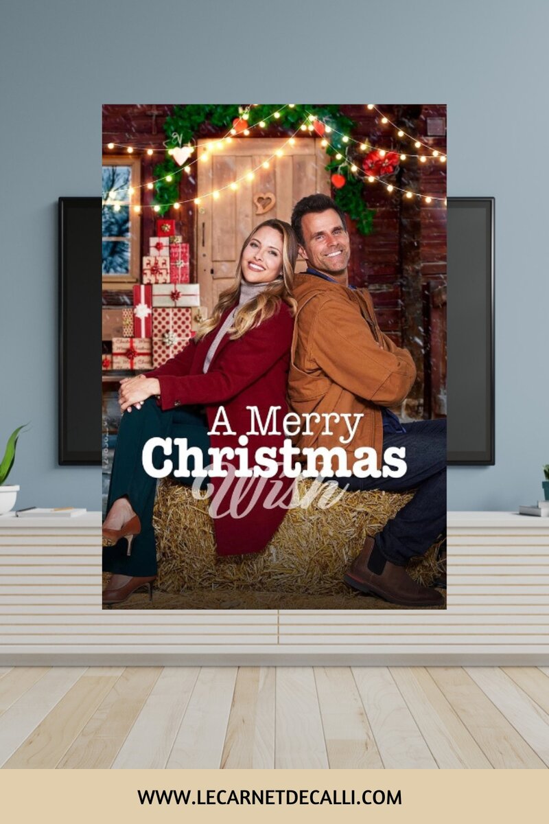 Affiche Pinterest du film A Merry Christmas Wish avec une ambiance chalet et décorations de Noël