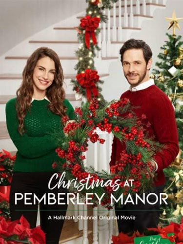 Affiche du film Noël à Pemberley avec un couple dans un décor de Noël et un manoir