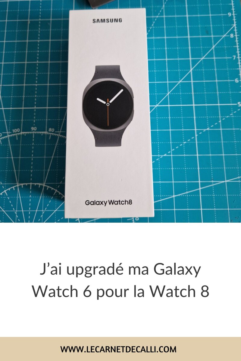 Épingle Pinterest - Boîte Samsung Galaxy Watch 8 sur tapis de découpe bleu