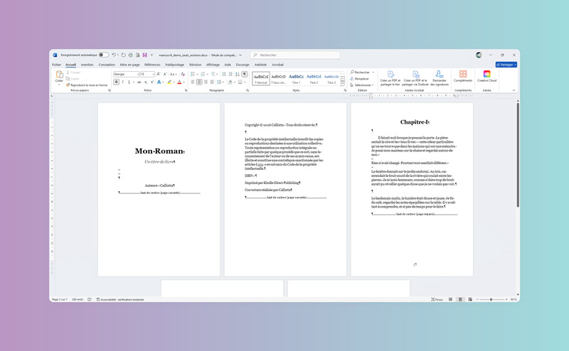 Capture d'écran de Word montrant les sauts de section entre les chapitres d'un manuscrit