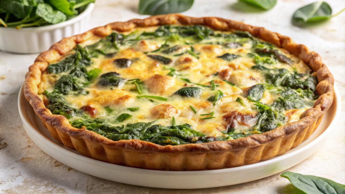 Quiche aux épinards et fromage inspirée de la Coronation Quiche du couronnement du roi Charles III.