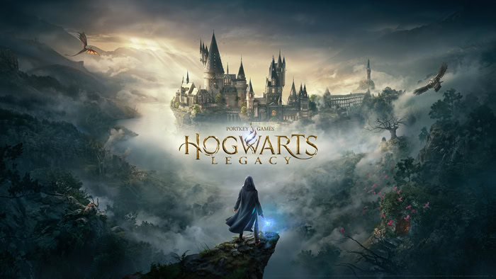 Illustration promotionnelle du jeu Hogwarts Legacy avec le château de Poudlard dans un univers fantastique.