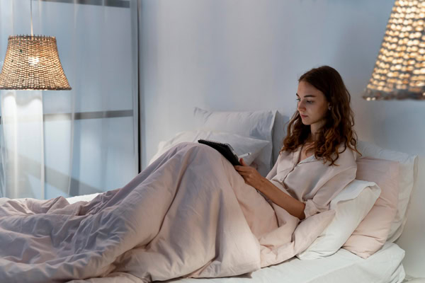 Lectrice installée dans son lit avec une tablette le soir