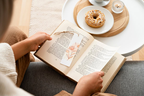 Livre ouvert avec un marque-page glissé entre les pages
