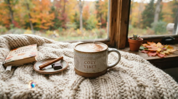 Tasse de boisson chaude posée sur un plaid en maille, près d'un livre et d'une fenêtre donnant sur un paysage d'automne.