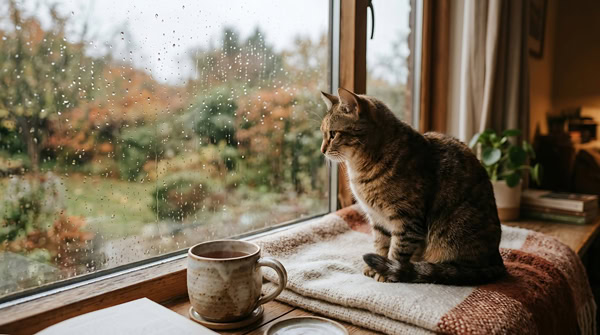 Un chat installé sur une couverture regarde la pluie tomber derrière une fenêtre, près d'une tasse chaude.